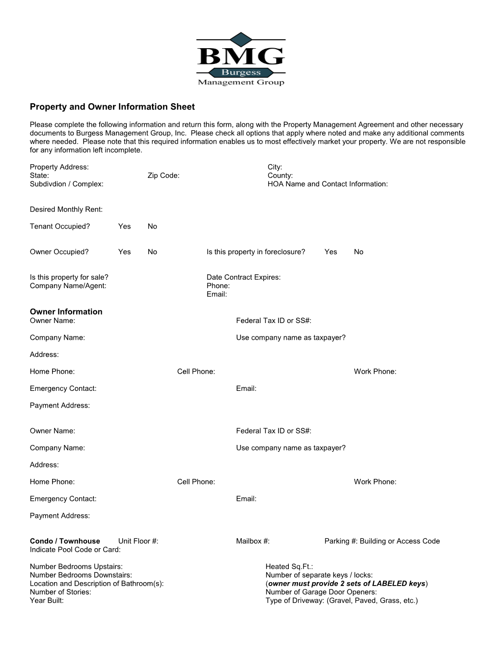 Property and Owner Information Sheet