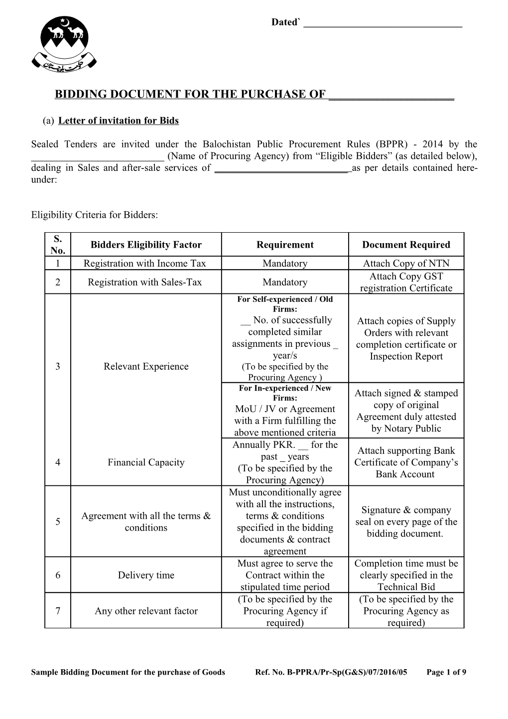 Bidding Document for the Purchase of ______