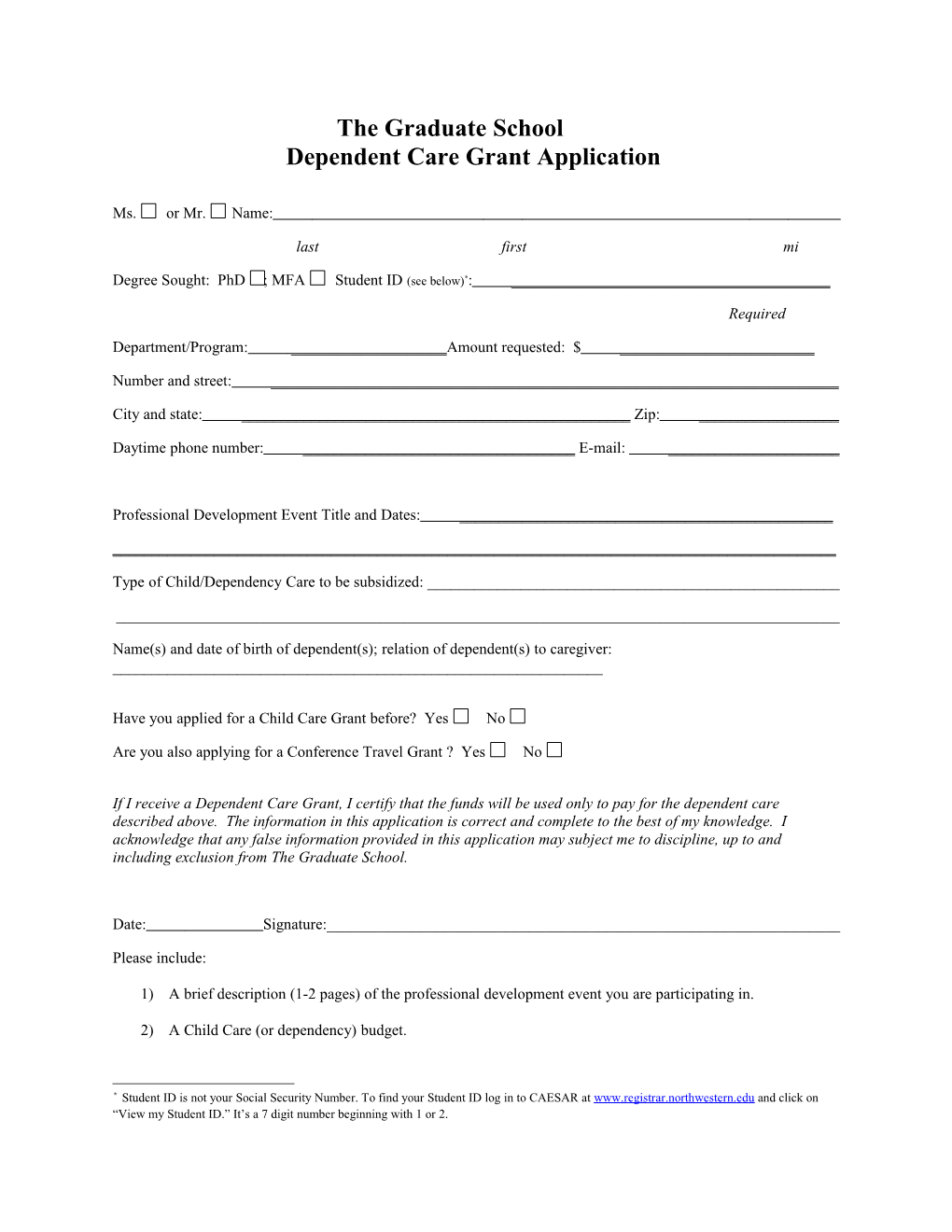 Dependent Care Grant Application