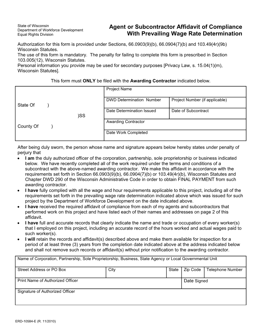 ERD-10584-E, Agent Or Subcontractor Affidavit of Compliance with Prevailing Wage Rate