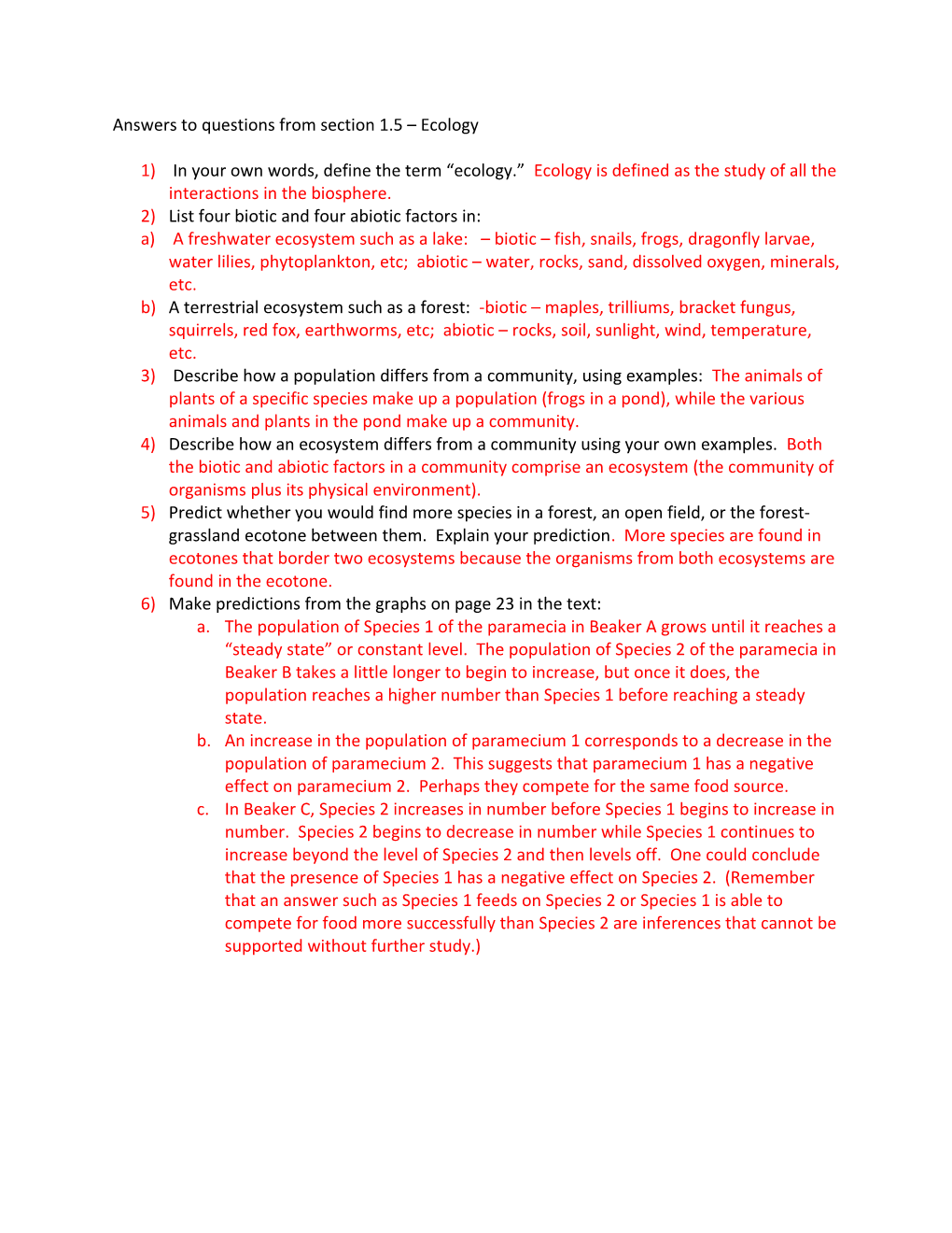 Answers to Questions from Section 1.5 Ecology