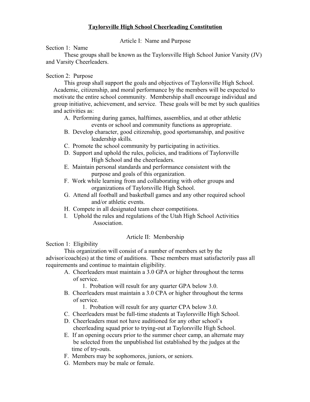 Taylorsville High School Cheerleading Constitution