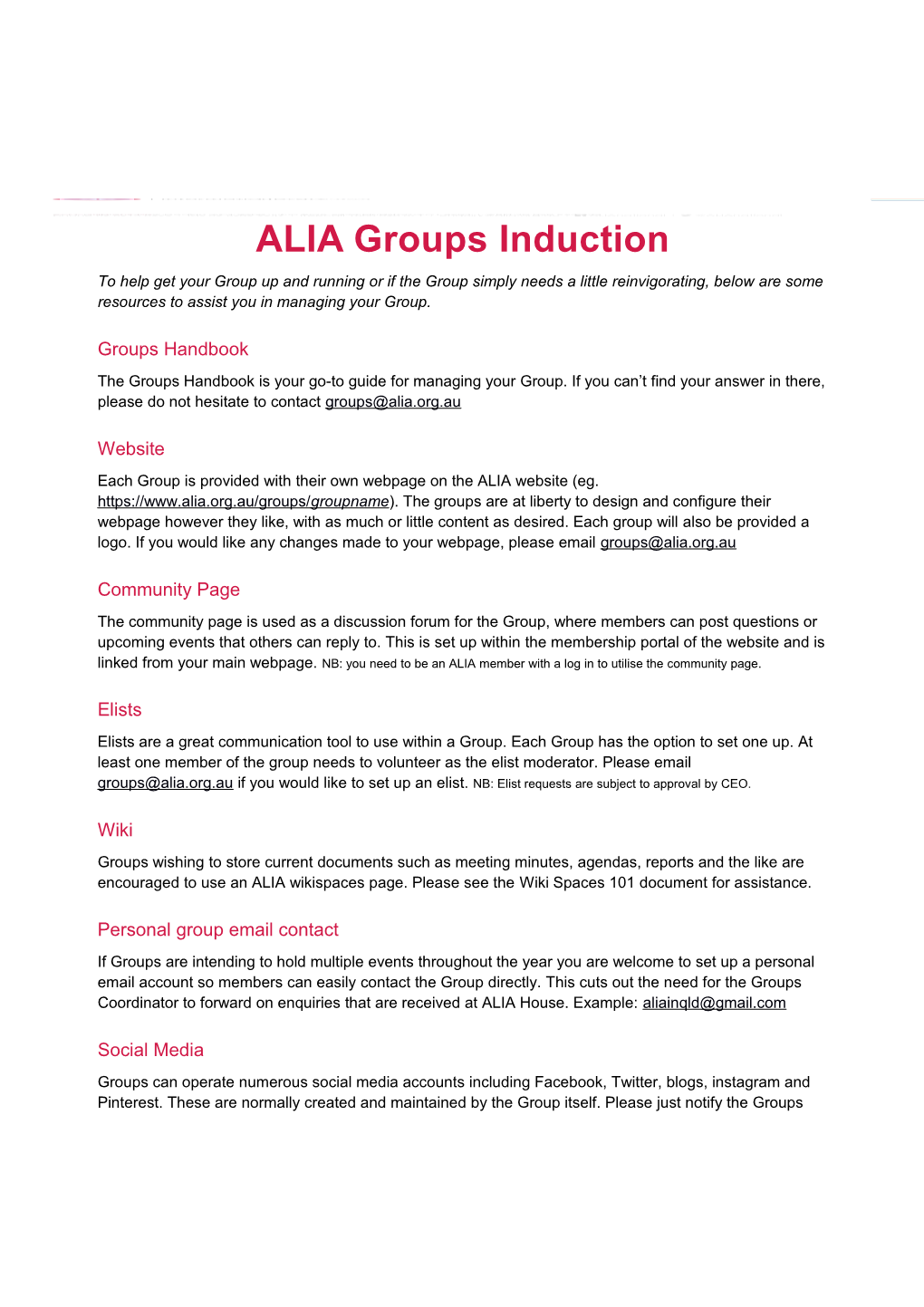 ALIA Groups Induction