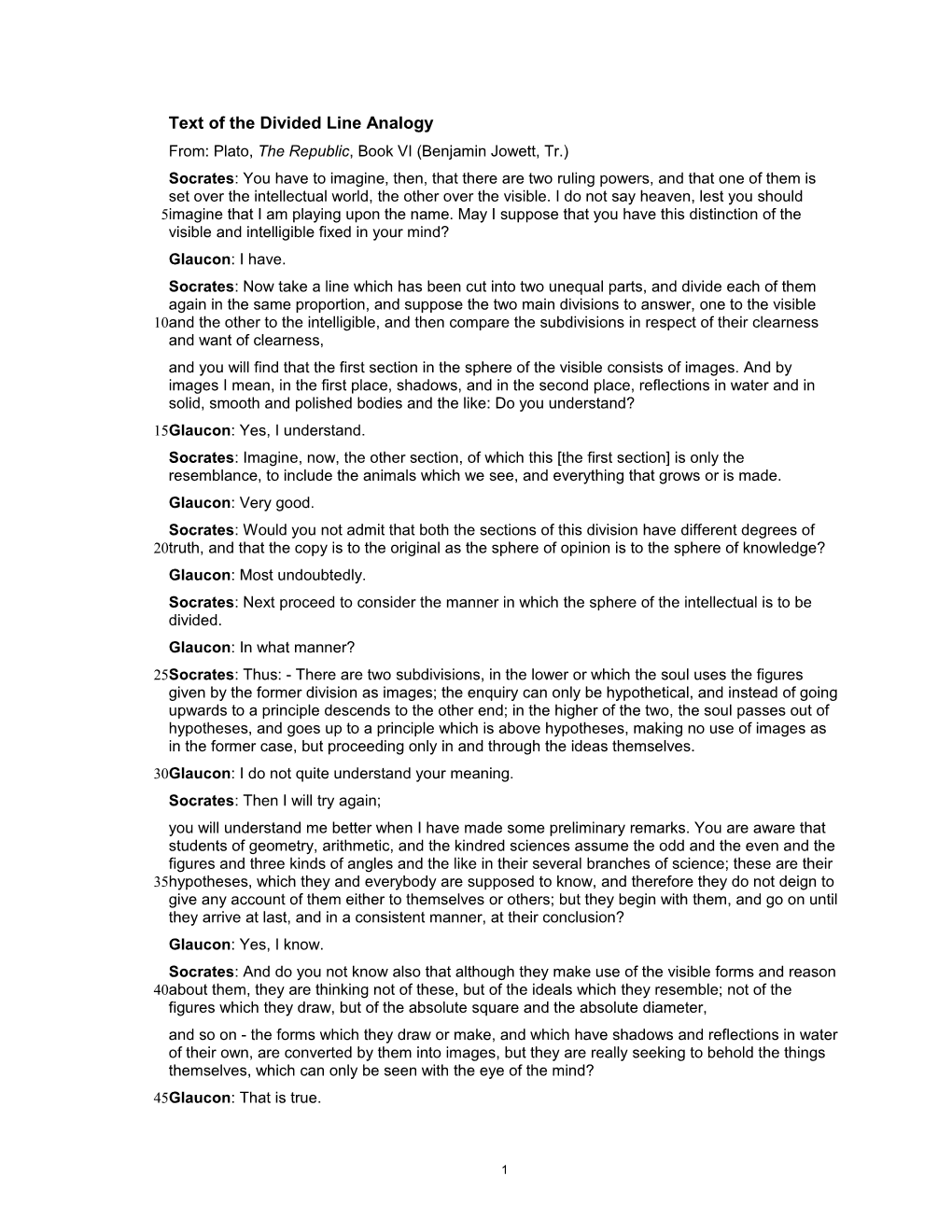 Full Text of the Divided Line Analogy