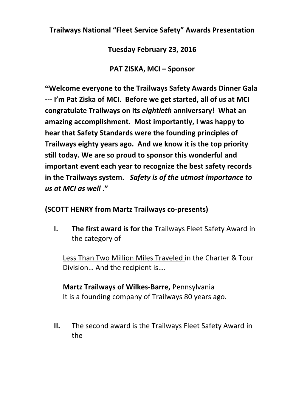 Trailways National Fleet Service Safety Awards Presentation