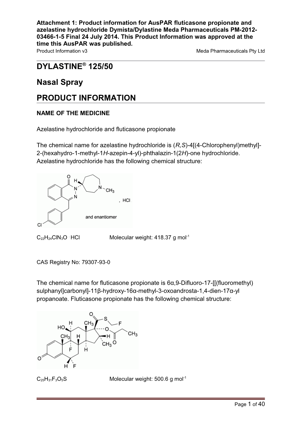Auspar Attachment 1: Product Information for Fluticasone Propionate and Azelastine Hydrochloride