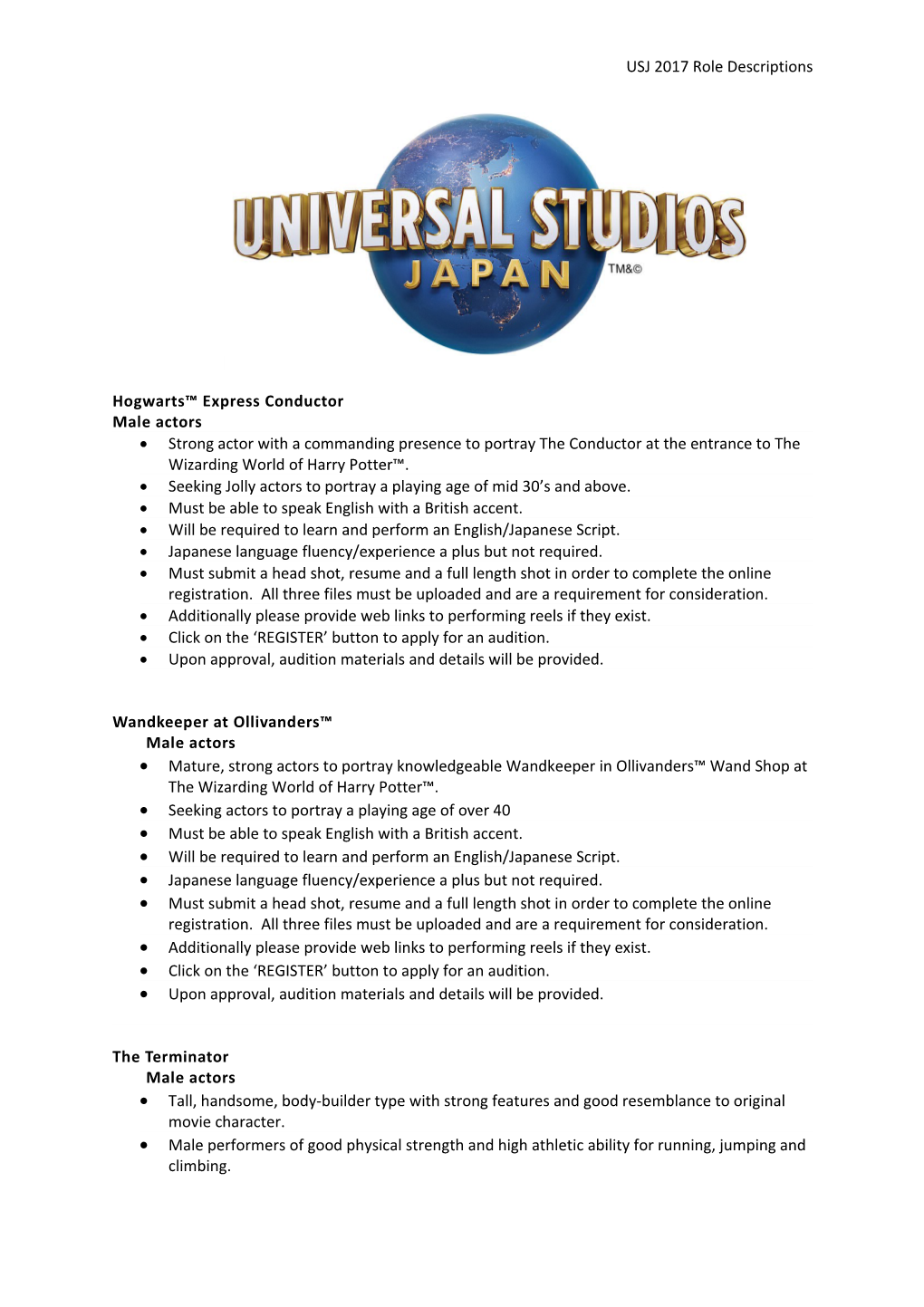 USJ 2017 Role Descriptions