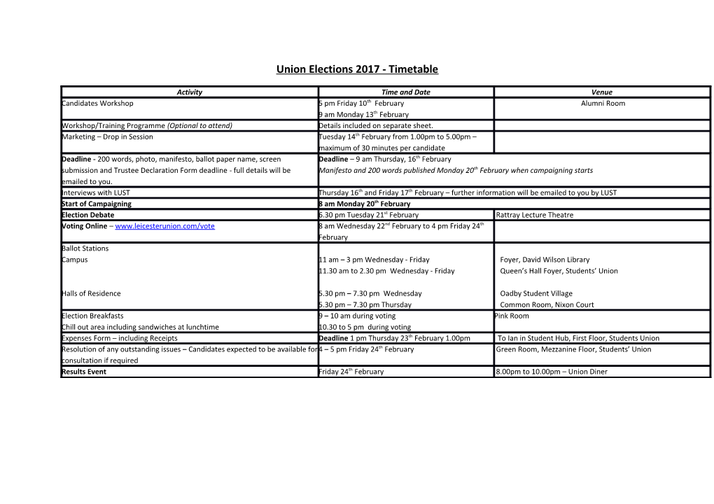 Union Elections 2017- Timetable