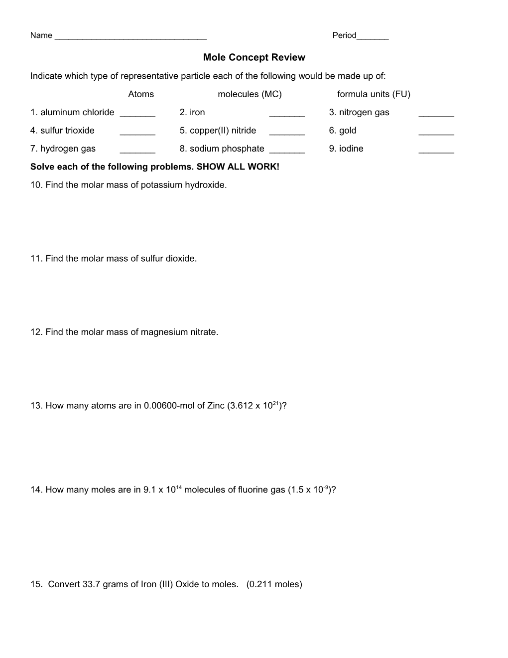 Mole, Empirical Formula and % Composition Worksheet