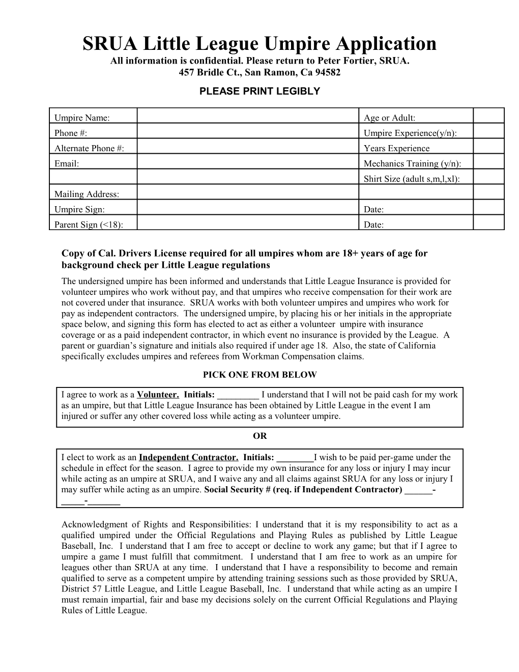 SRUA Little League Umpire Application