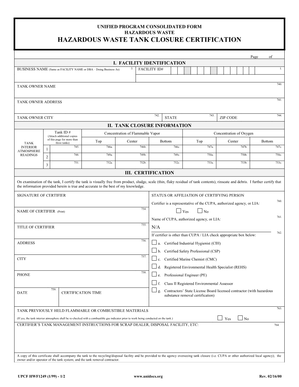 UPCF Hazwaste Tank Closure Certification Form