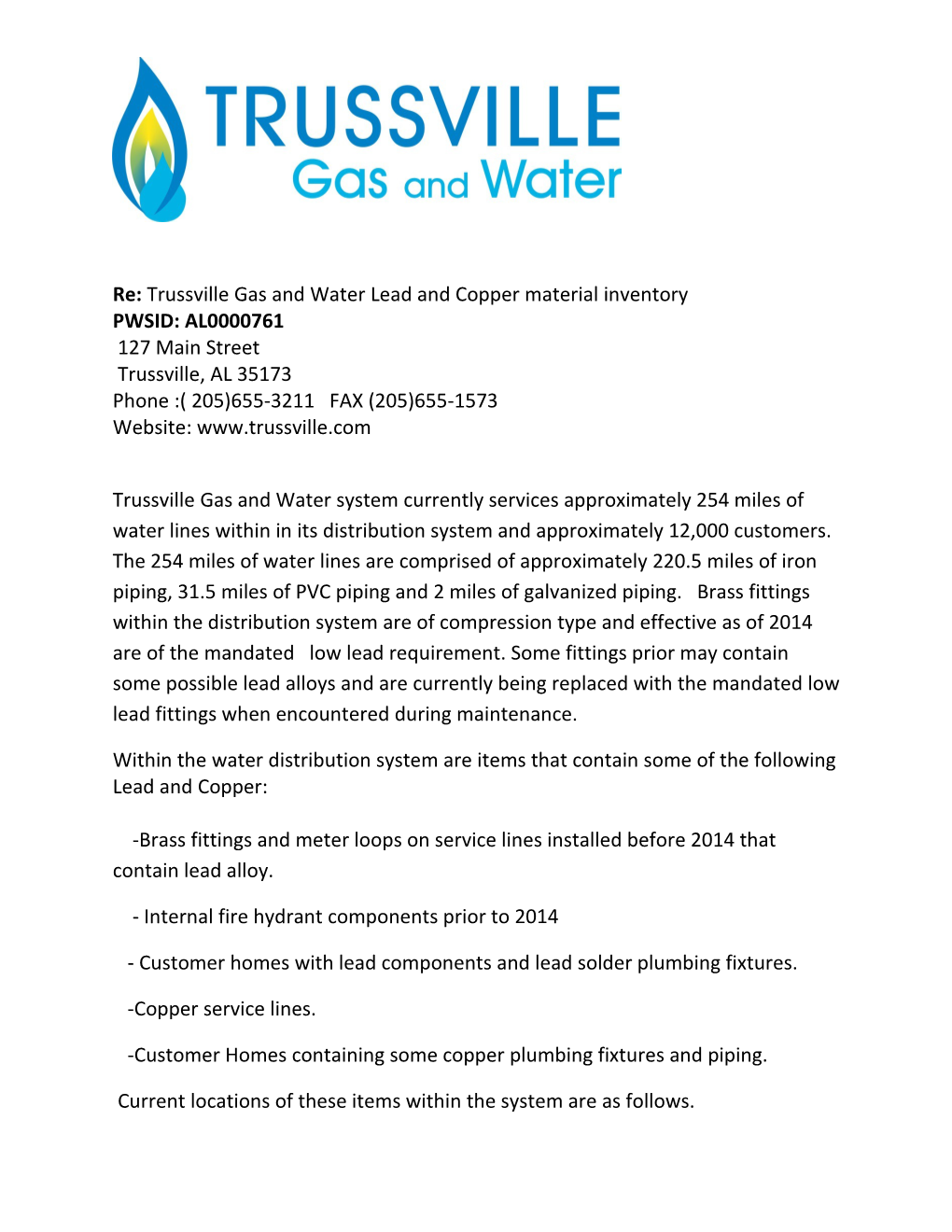 Re: Trussville Gas and Water Lead and Copper Material Inventory PWSID: AL0000761