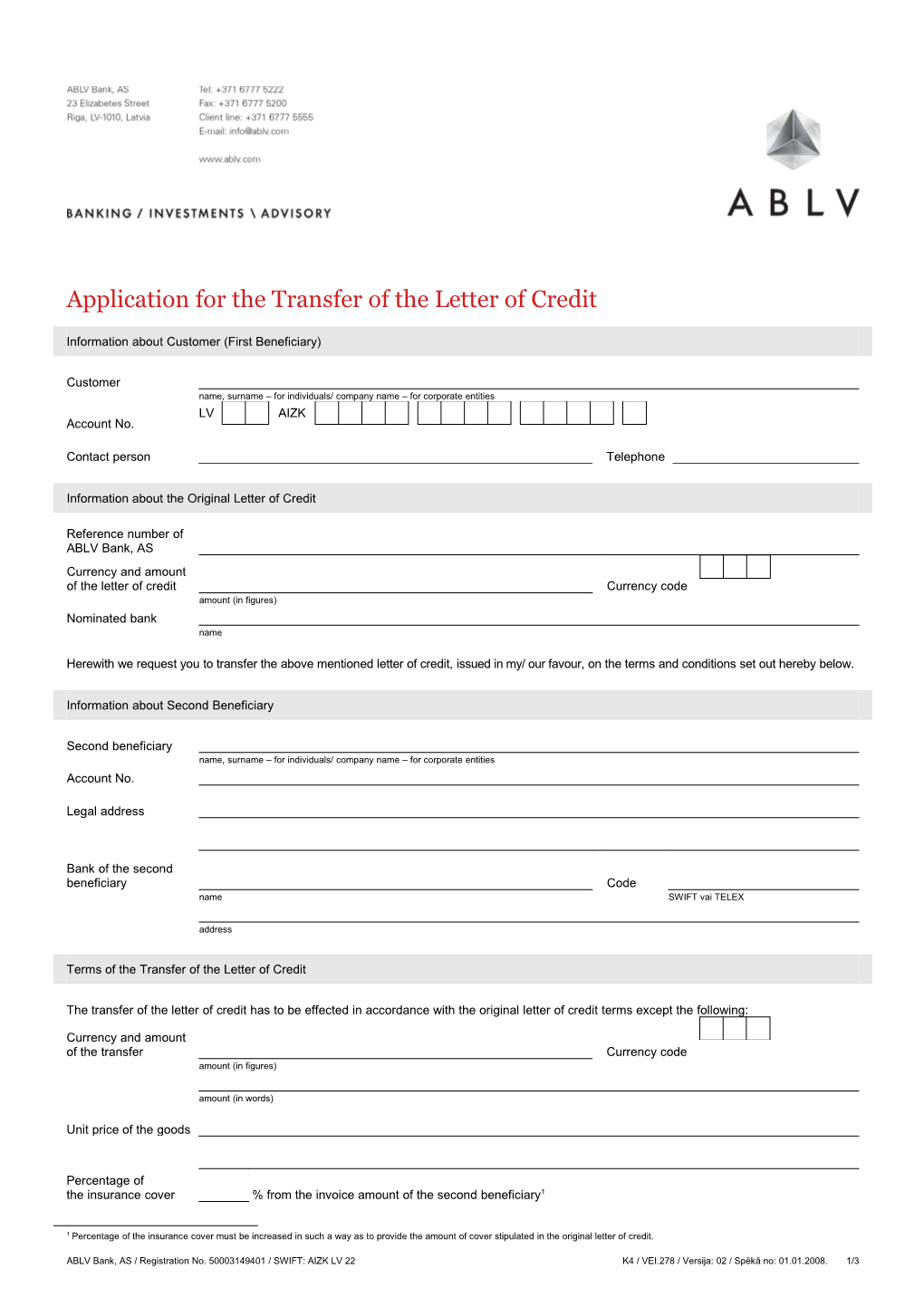 Application for the Transfer of the Letter of Credit