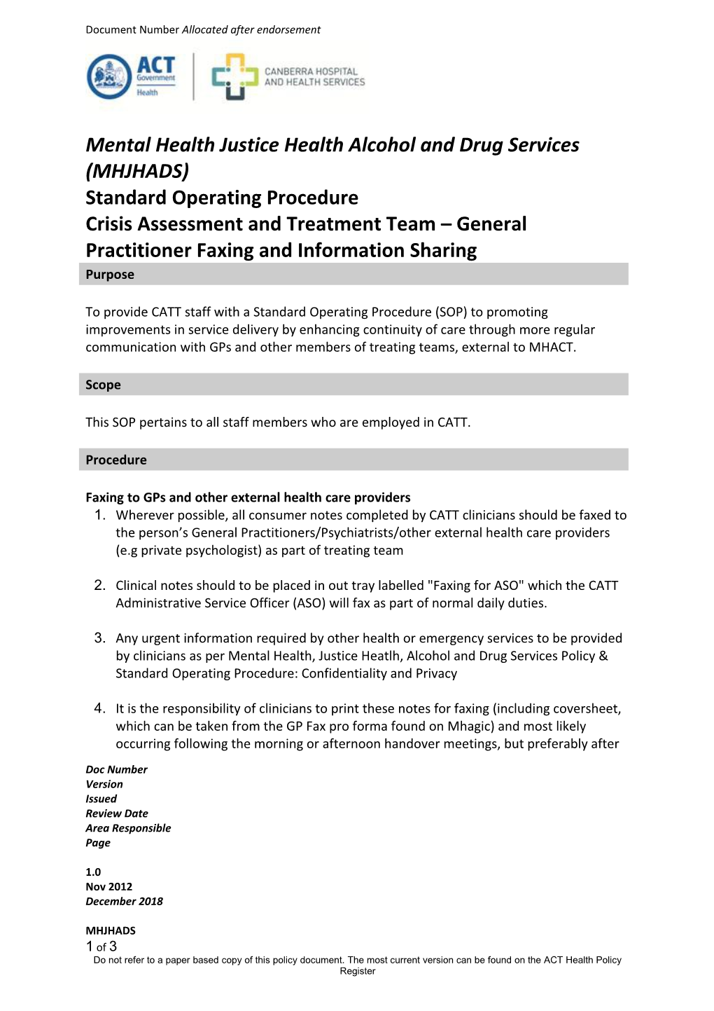 CATT- Crisis Assessment and Treatment Team General Practitioner Faxing and Information Sharing