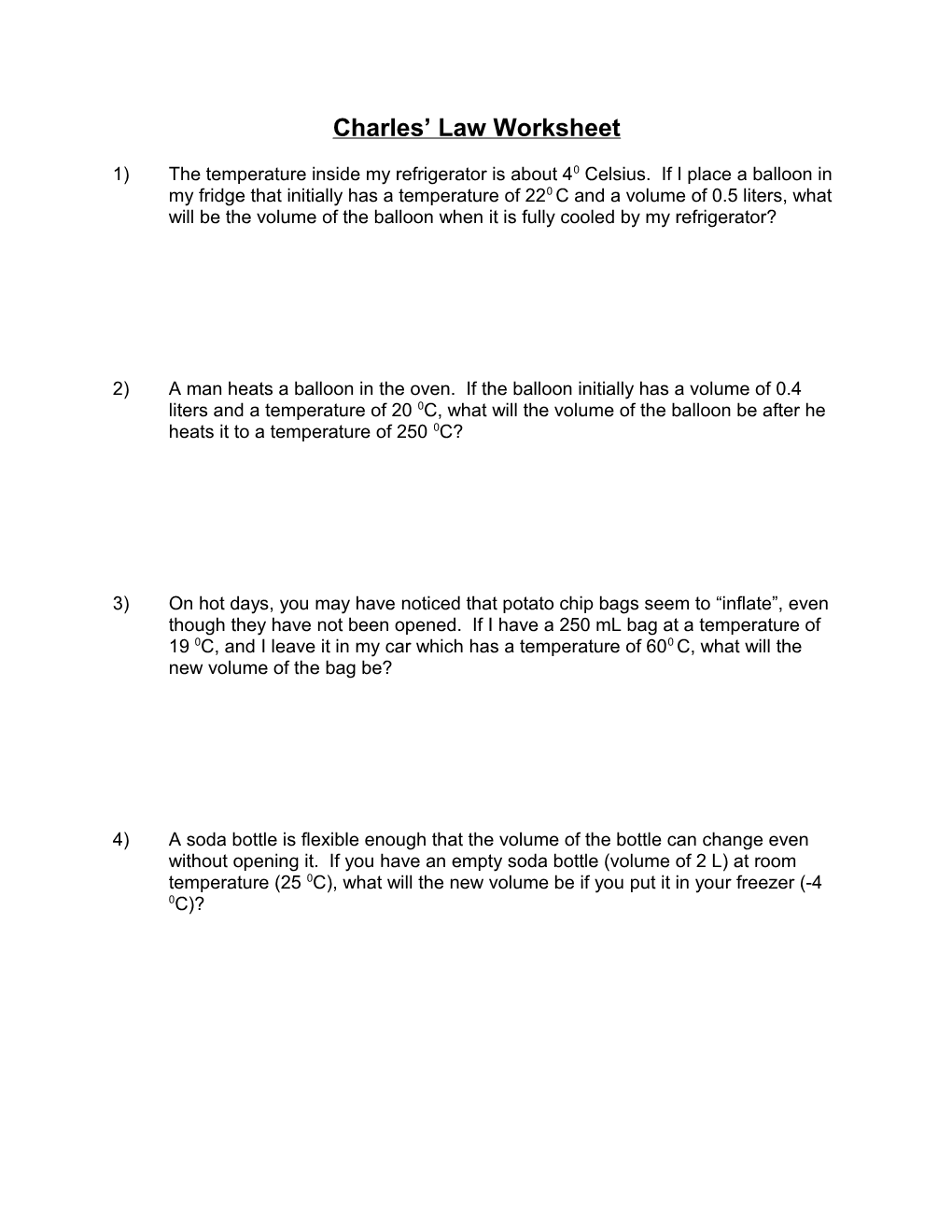 Charles Law Worksheet