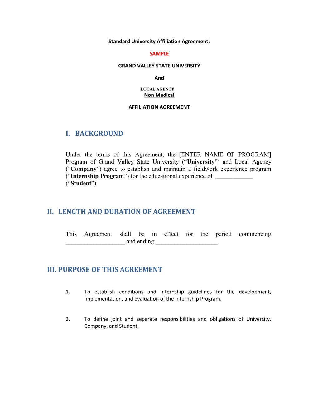 Standard University Affiliation Agreement