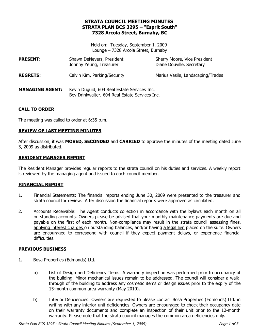 Minutes of the Meeting of the Council of Owners, Strata Plan Nw 2210