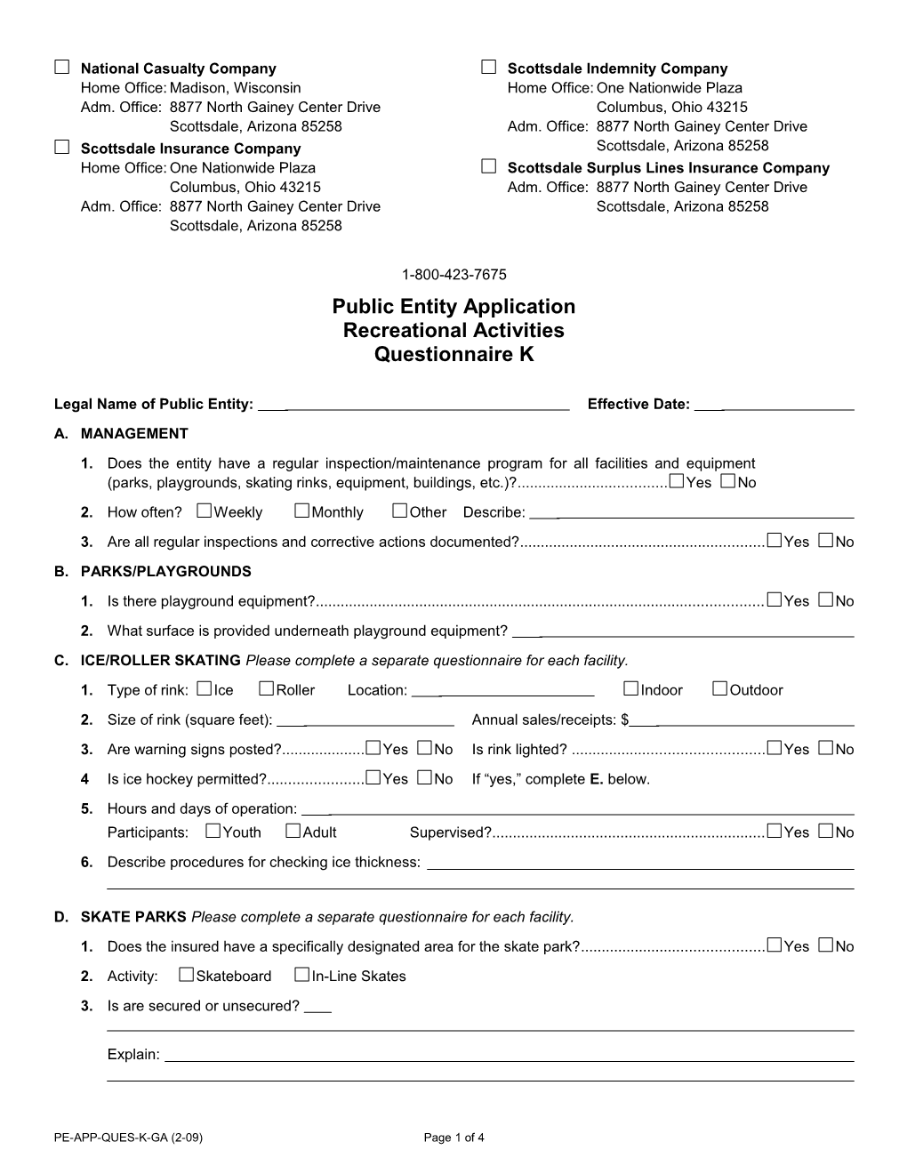 Public Entity Application Recreational Activities Questionnaire K