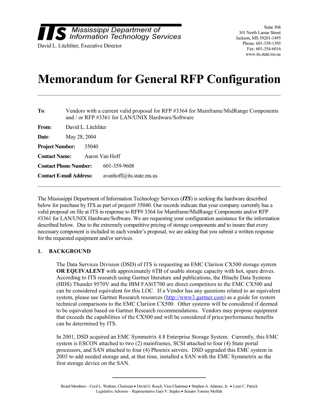 Memorandum for General RFP Configuration s10