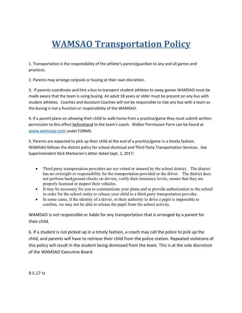 WAMSAO Transportation Policy