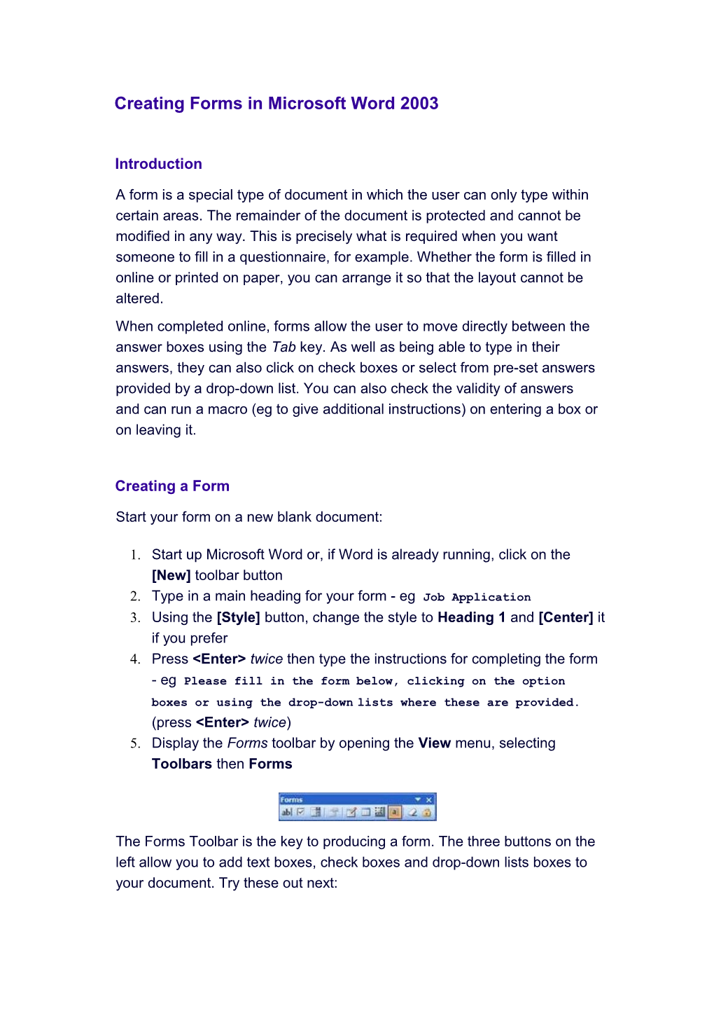 Creating Forms in Microsoft Word 2003