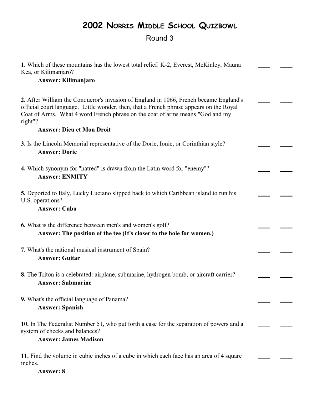 Norris Middle School Quizbowl 6 Question Set 3