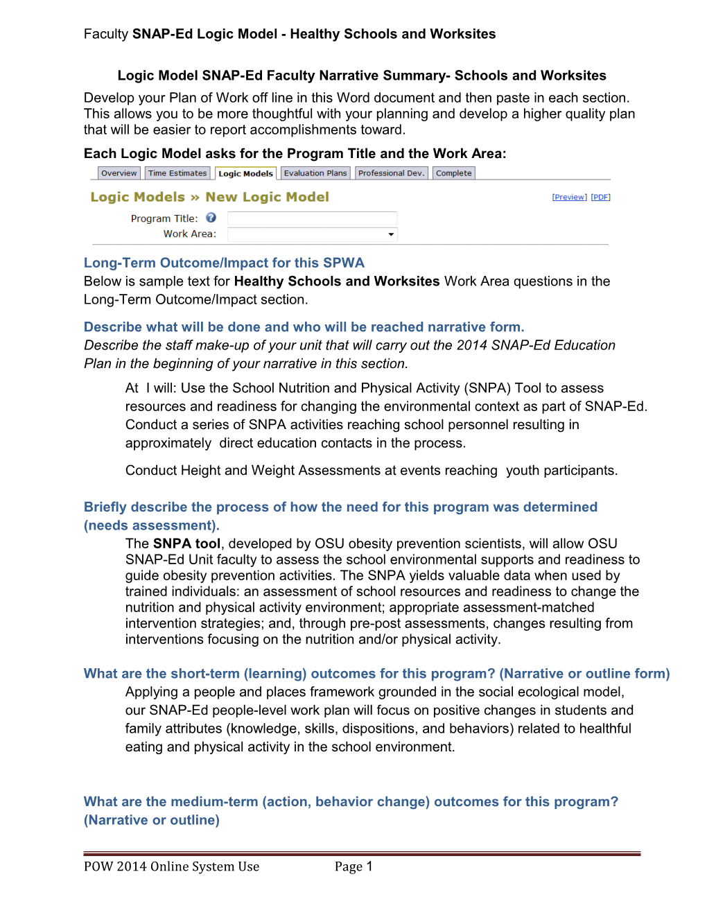 Faculty SNAP-Ed Logic Model - Healthy Schools and Worksites