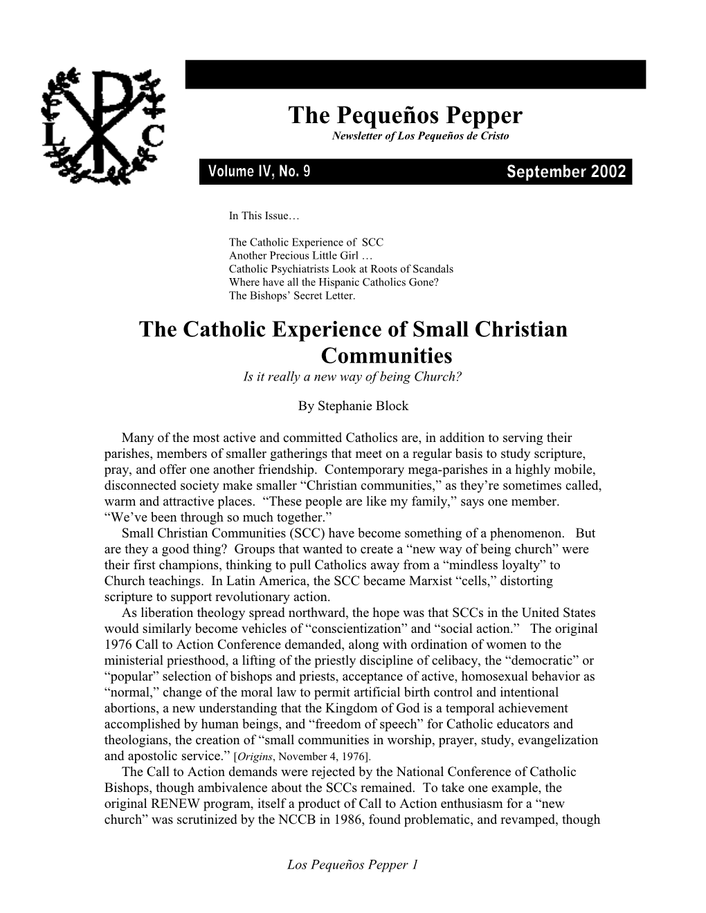 The Catholic Experience of SCC