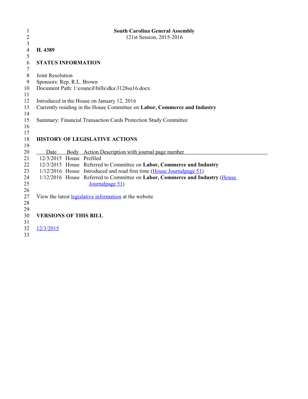 2015-2016 Bill 4389: Financial Transaction Cards Protection Study Committee - South Carolina