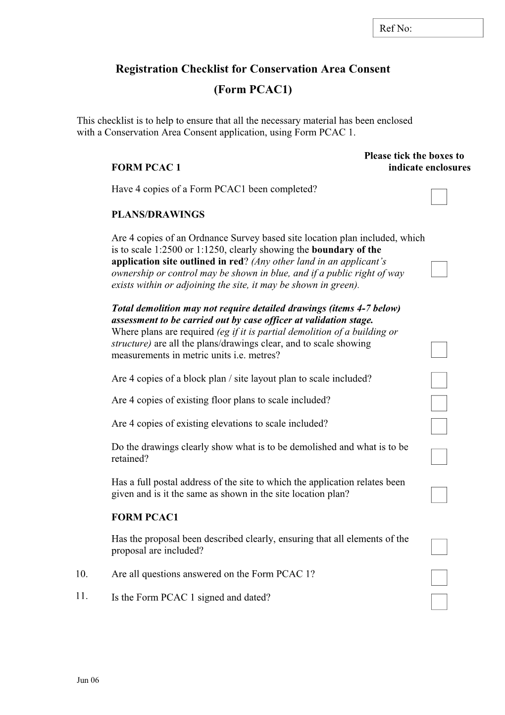 Form PCAC1: Registration Checklist for Conservation Area Consent