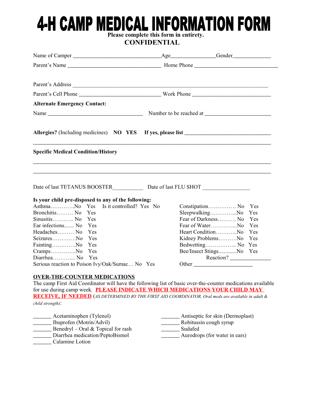 4-H Camp Medication Information Form