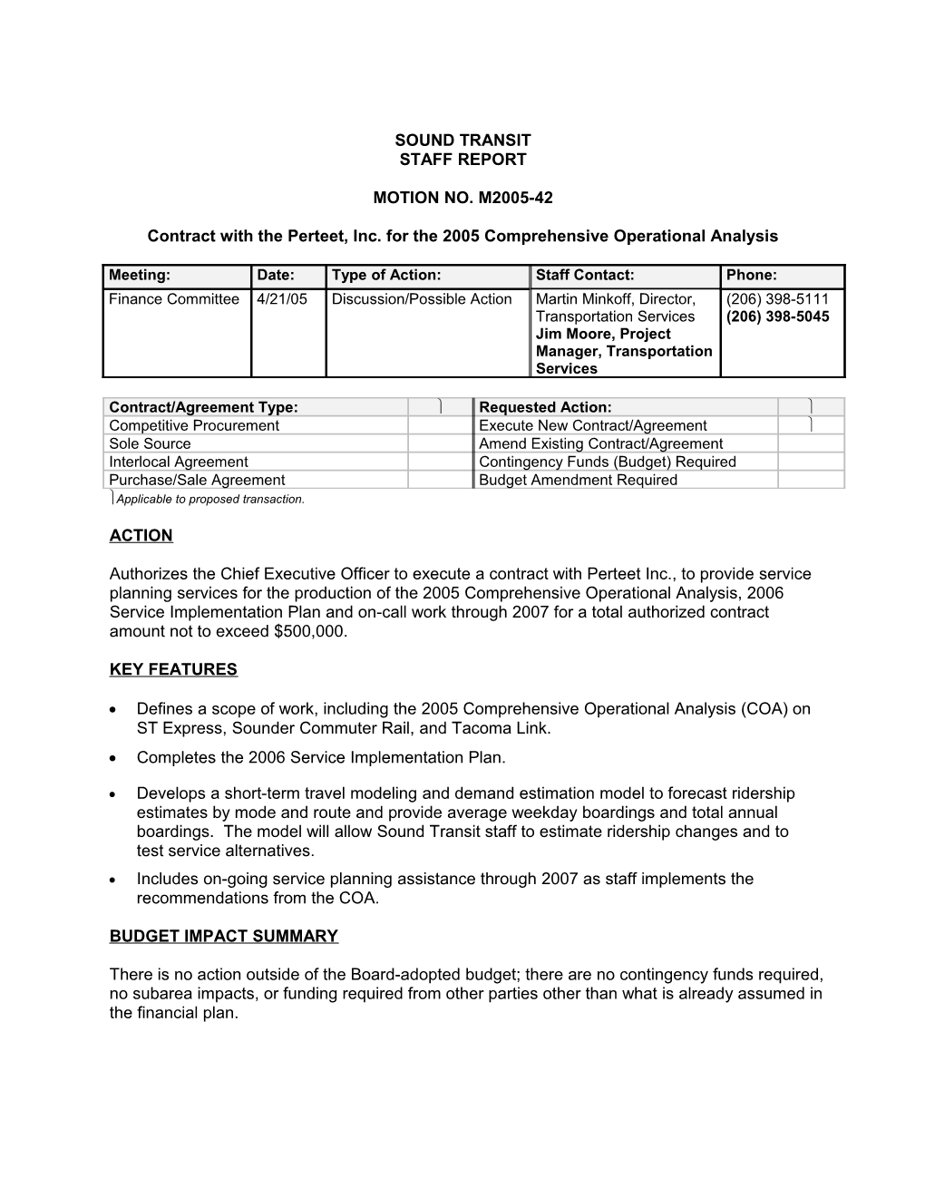 Contract with the Perteet, Inc. for the 2005 Comprehensive Operational Analysis