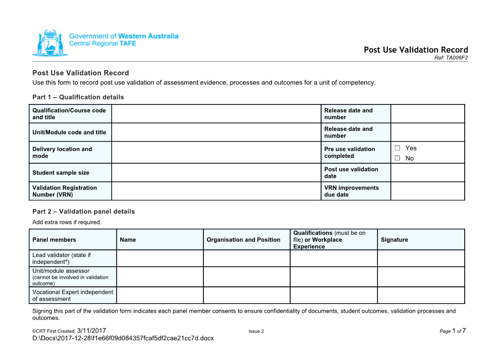 Post Use Validation Record