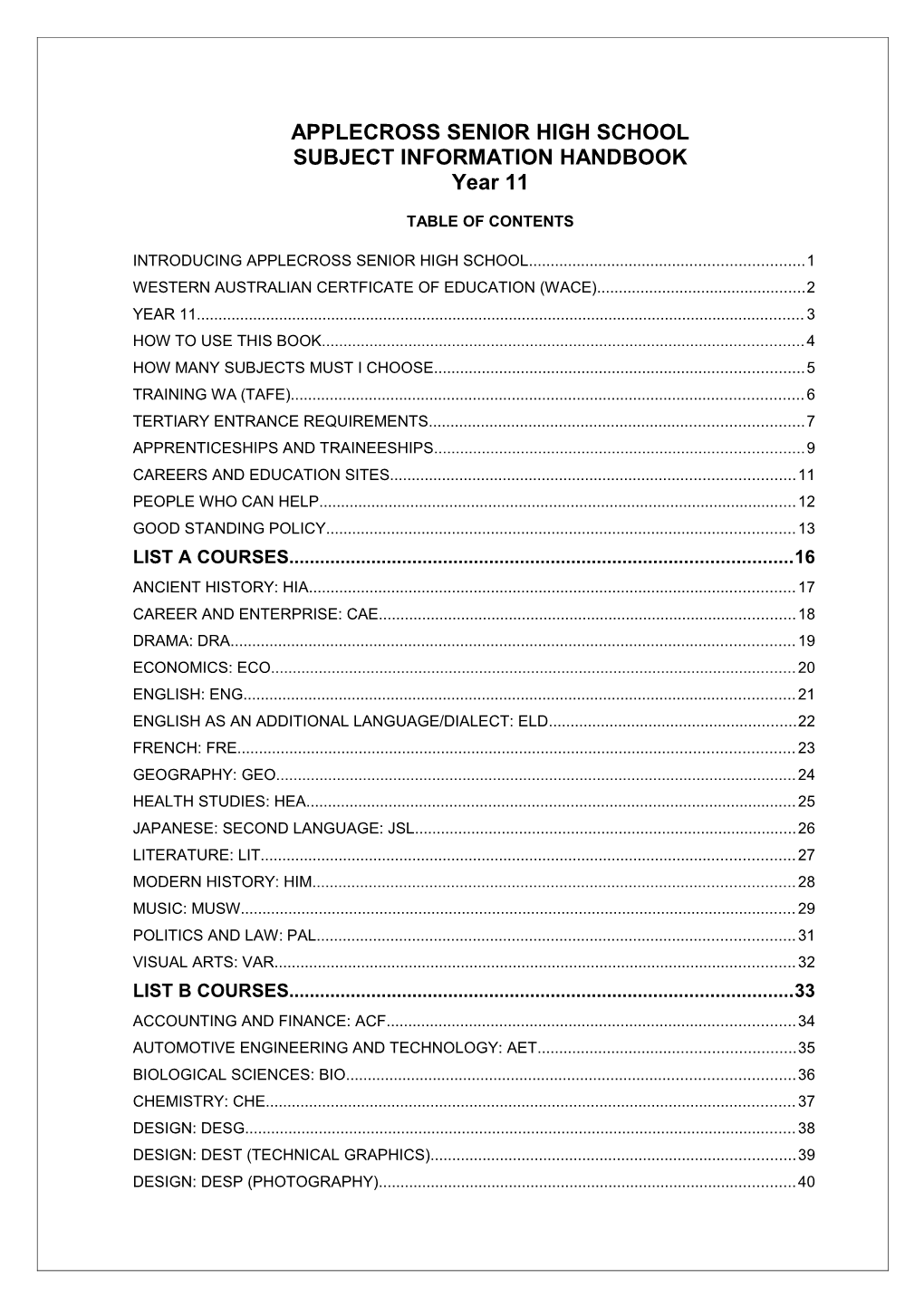 Subject Selection Handbook, 2010