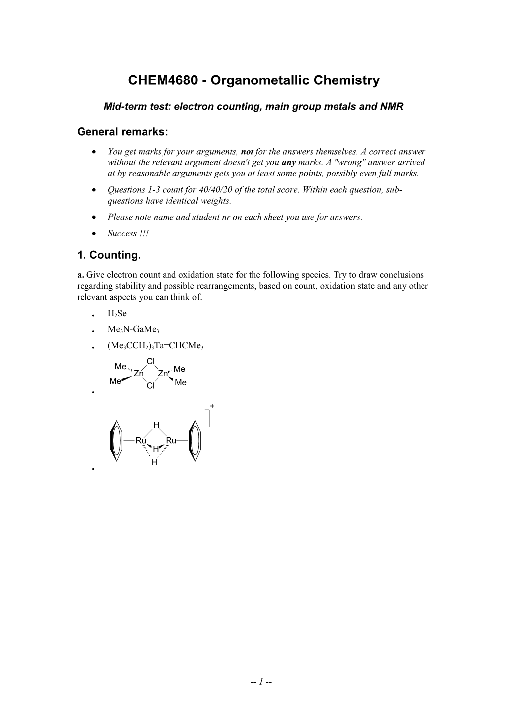 Mid-Term Test: Electron Counting, Main Group Metals and NMR