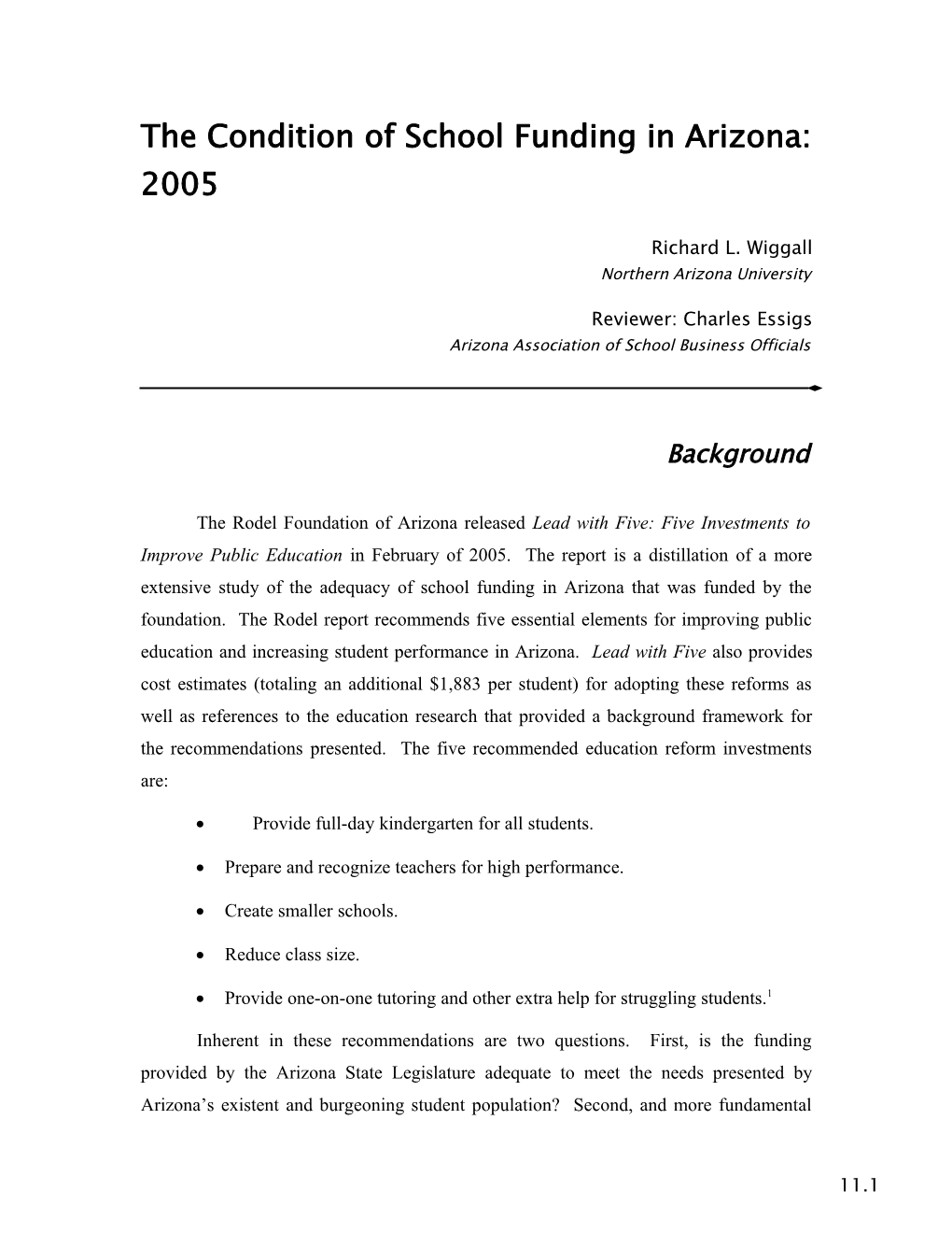 The Condition of School Funding in Arizona: 2005