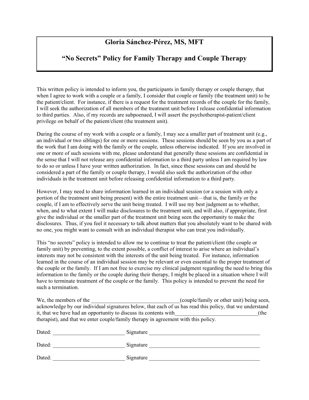 No Secrets Policy for Family and Couple Therapy