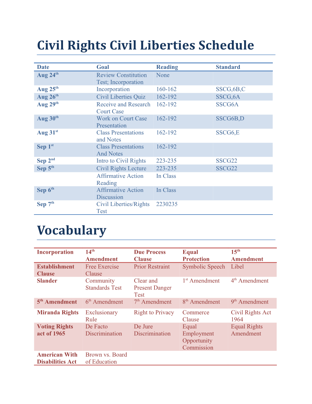 Civil Rights Civil Liberties Schedule
