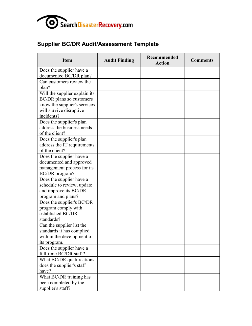 Vendor BC/DR Audit/Assessment Template