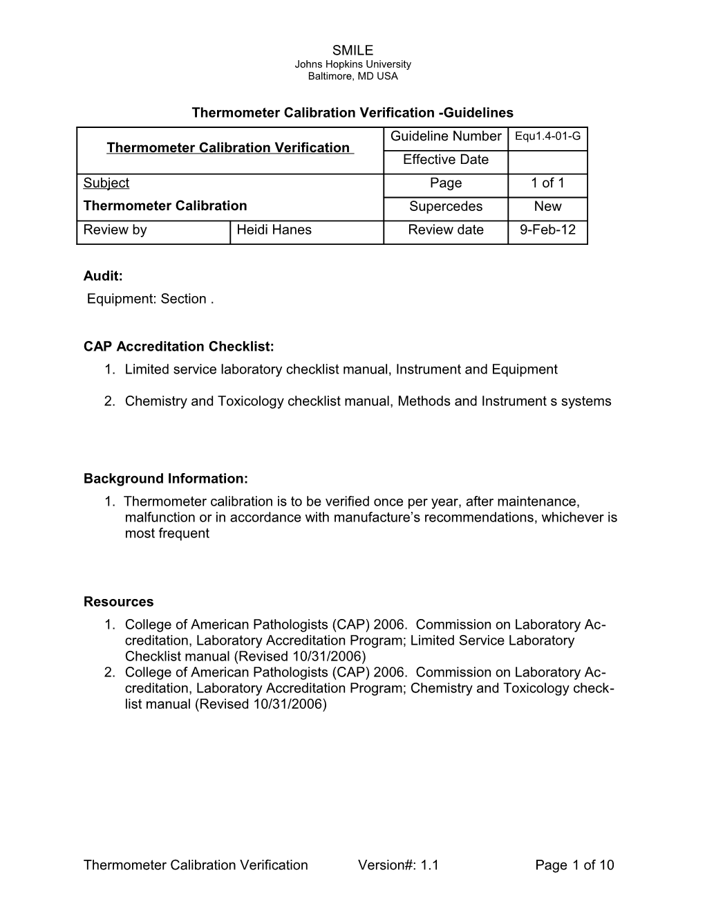 Thermometer Calibration Verification -Guidelines