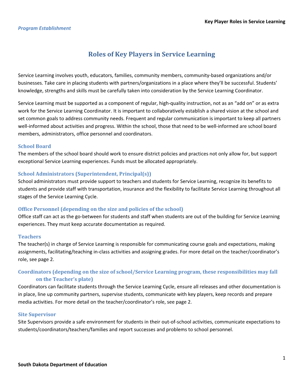 Roles of Key Players in Service Learning