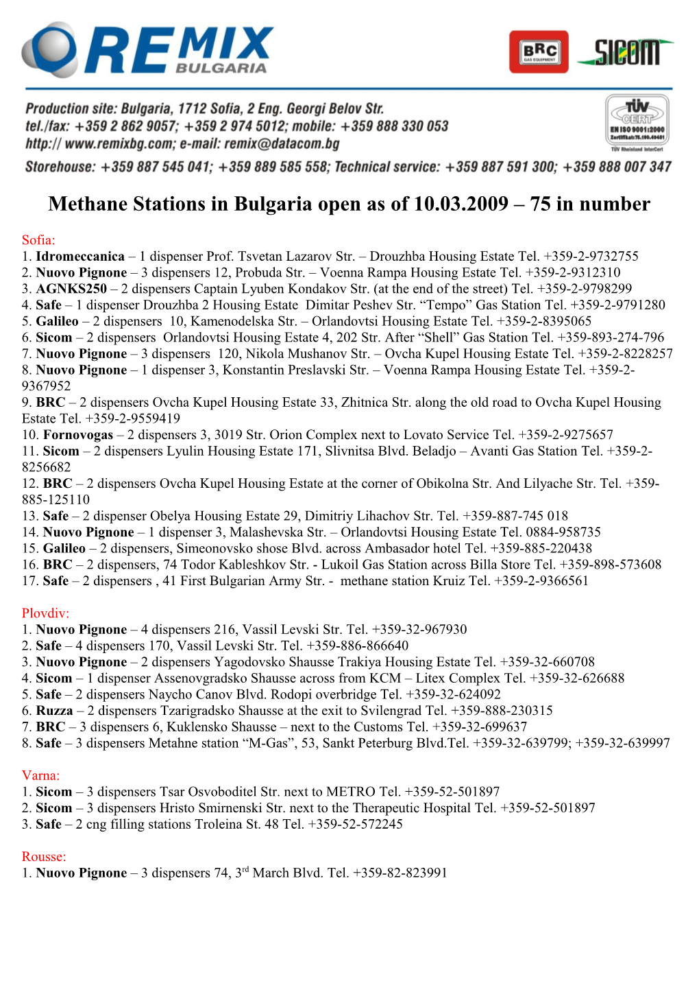 Methane Stations in Bulgaria Open As of 10.03.2009 75 in Number