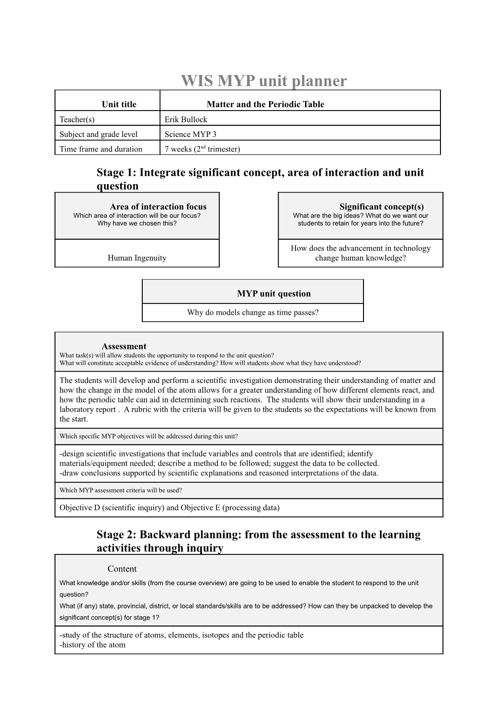 WIS MYP Unit Planner