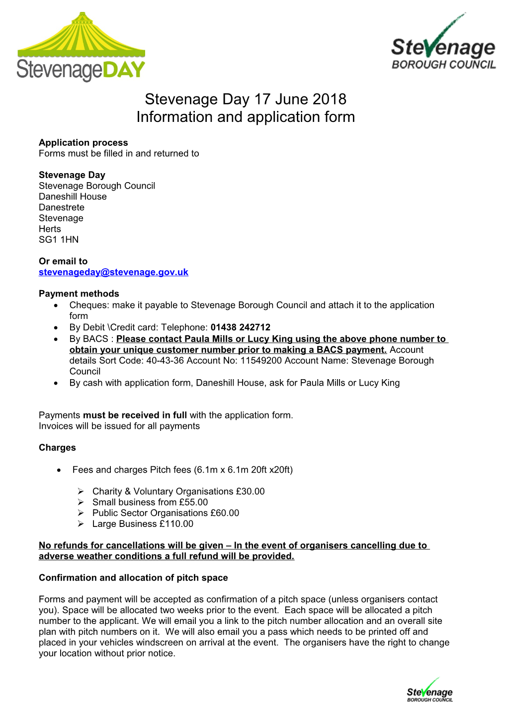 Stevenage Day Information and Application Form