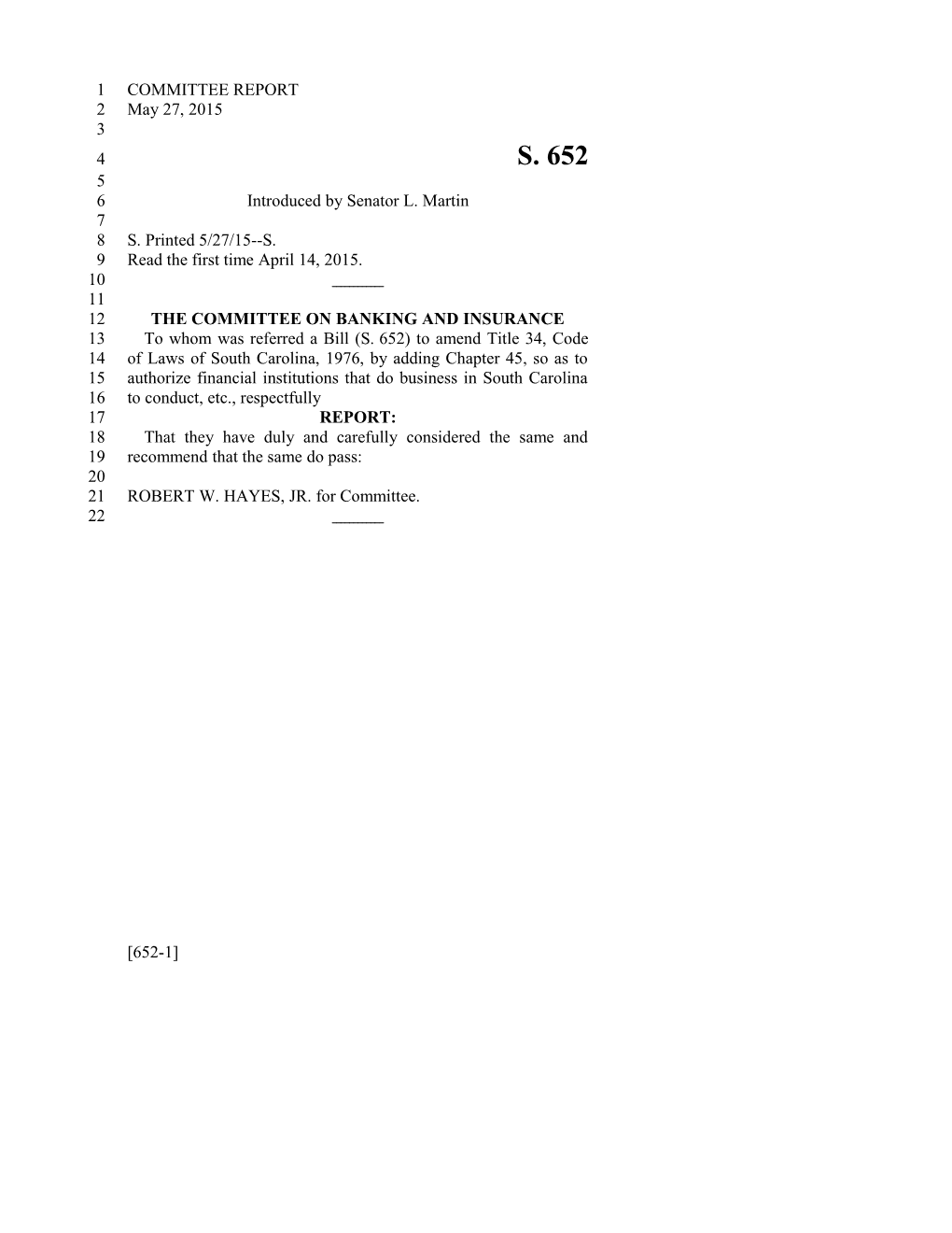 2015-2016 Bill 652 Text of Previous Version (May 27, 2015) - South Carolina Legislature Online