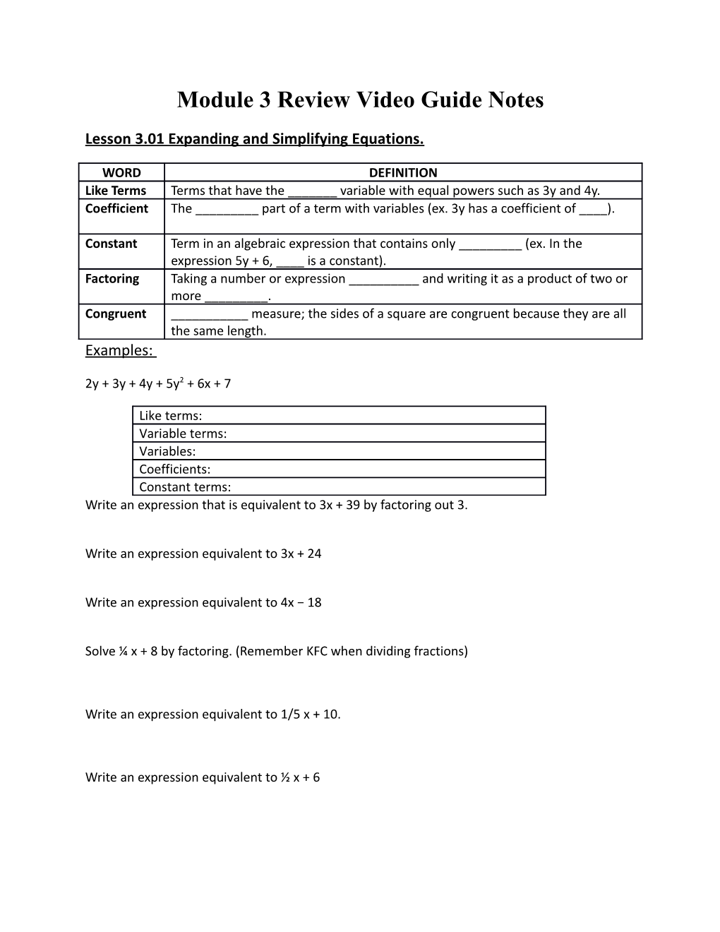 Lesson 3.01 Expanding and Simplifying Equations