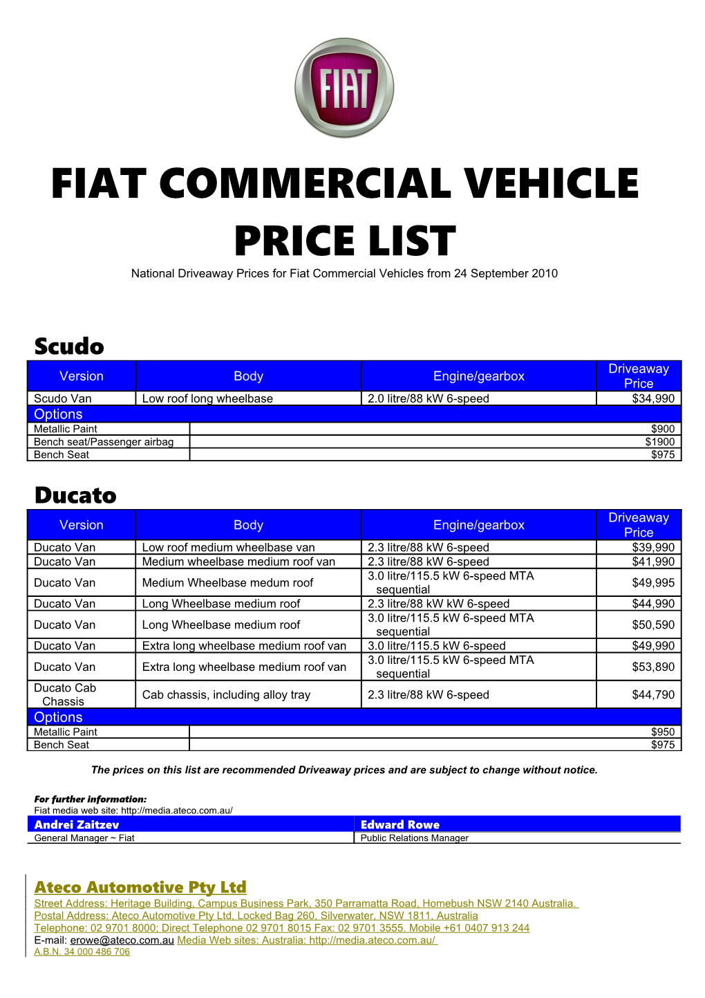 Fiat Commercial Vehicle Price List