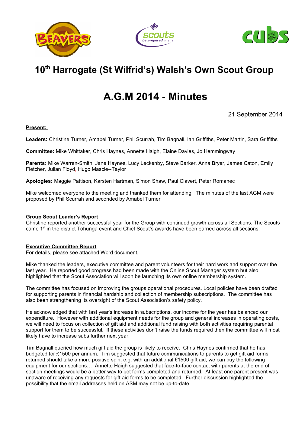 10Th Harrogate (St Wilfrid S) Walsh S Own Cub Scouts