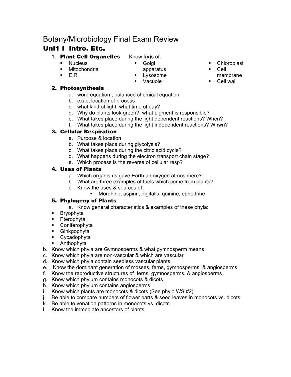 Botany/Microbiology Final Exam Review