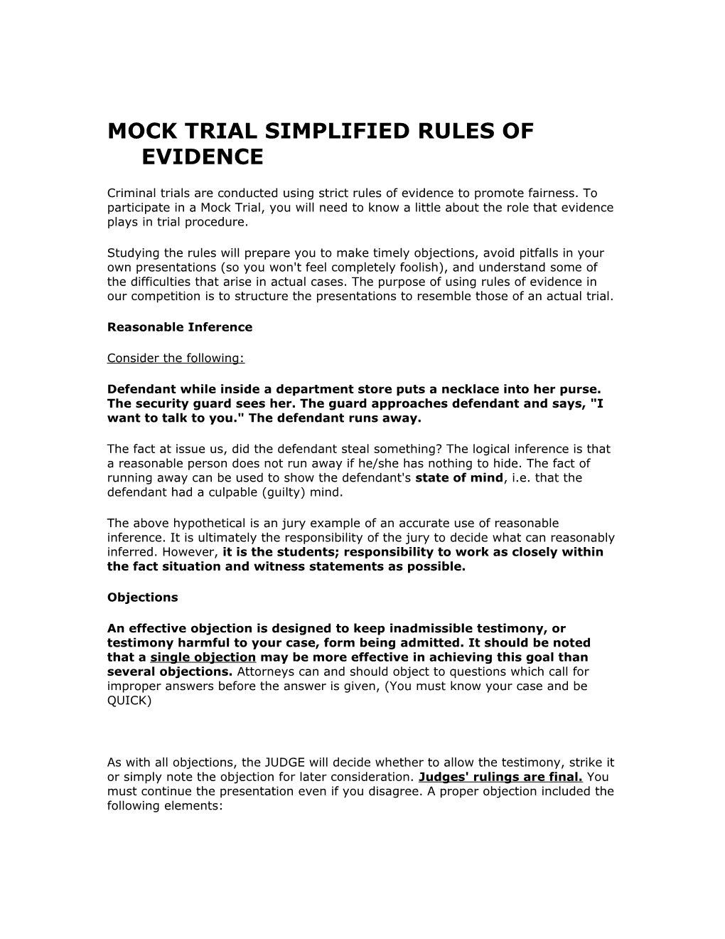 Mock Trial Simplified Rules of Evidence